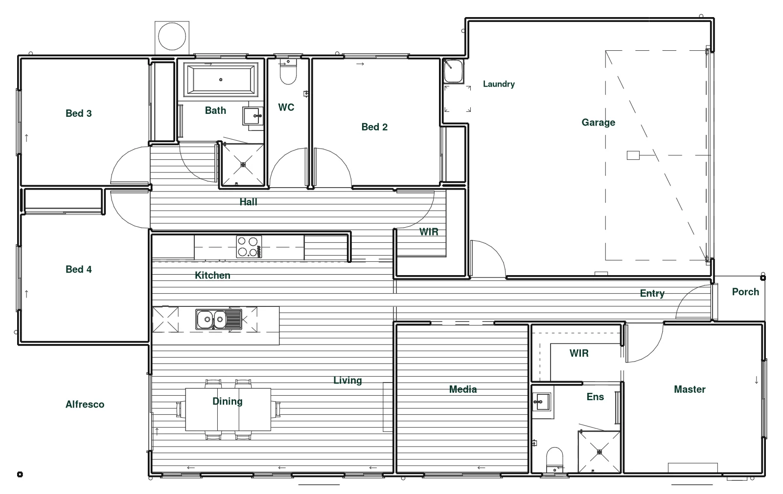 Floor plan of a four-bedroom single-storey home