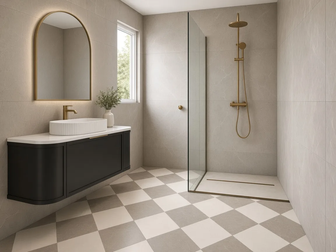 Bathroom design mockup: taupe tiles, checkerboard floor, black curved vanity and brass arch mirror