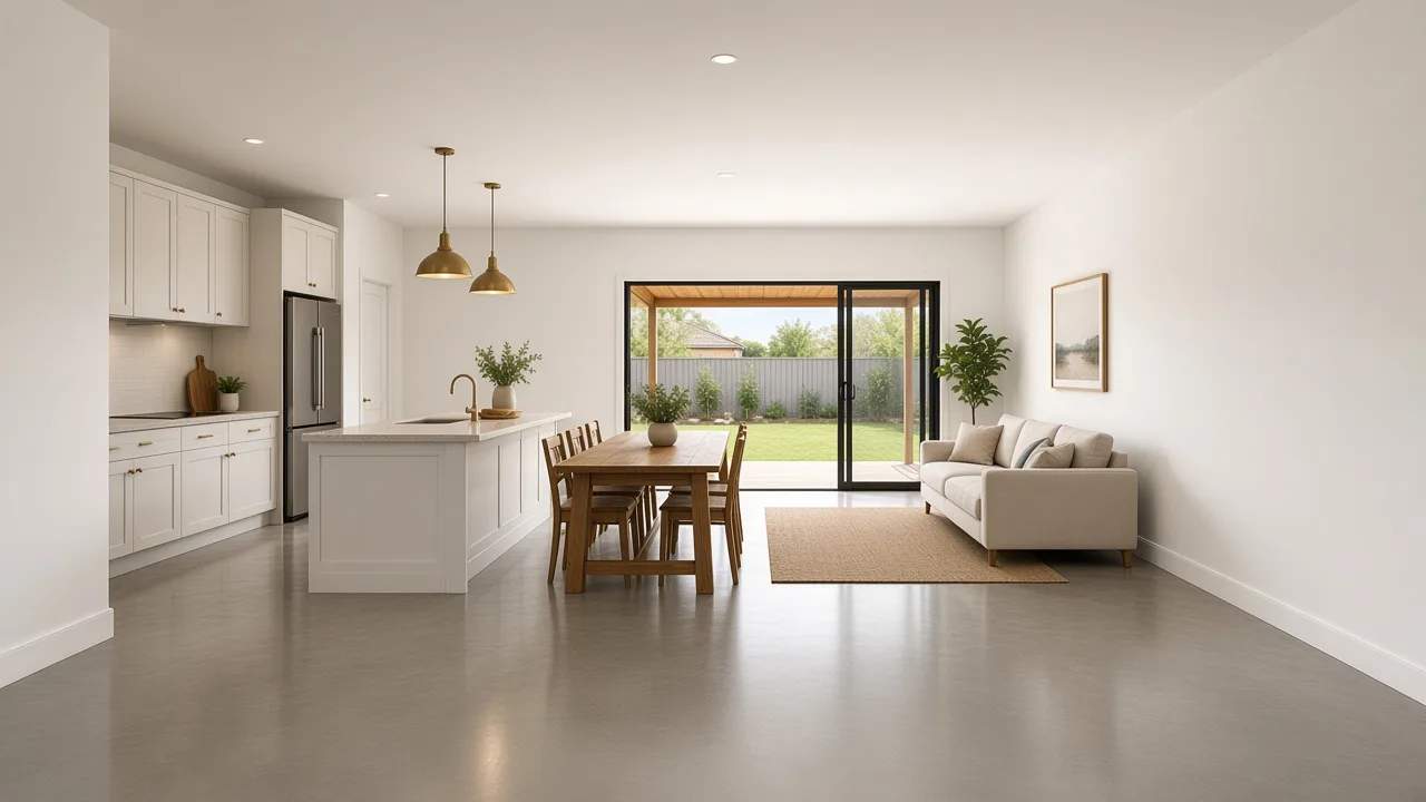 Living area design mockup with polished concrete floor