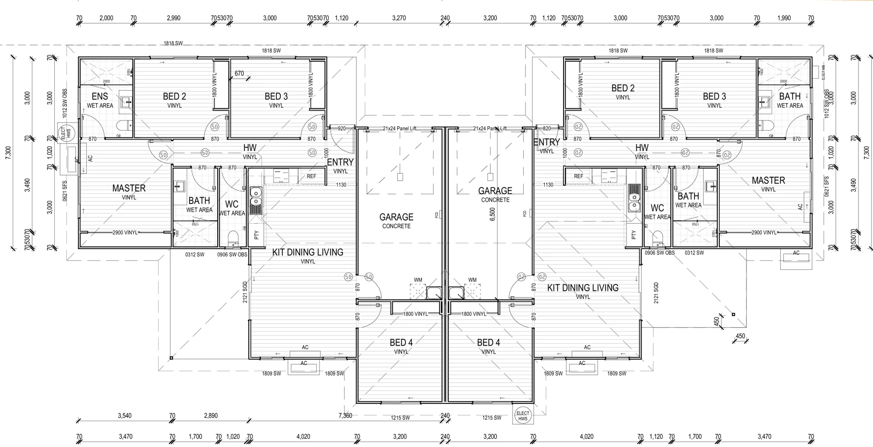 Ground floor plan: two single-storey dwellings, each with four bedrooms, two bathrooms and a garage
